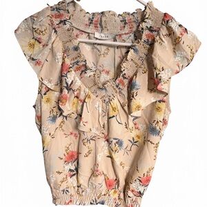 Lush Floral Ruffle Blouse in Beige Floral Flutter sleeve V-Neck Smock Ruffle SML